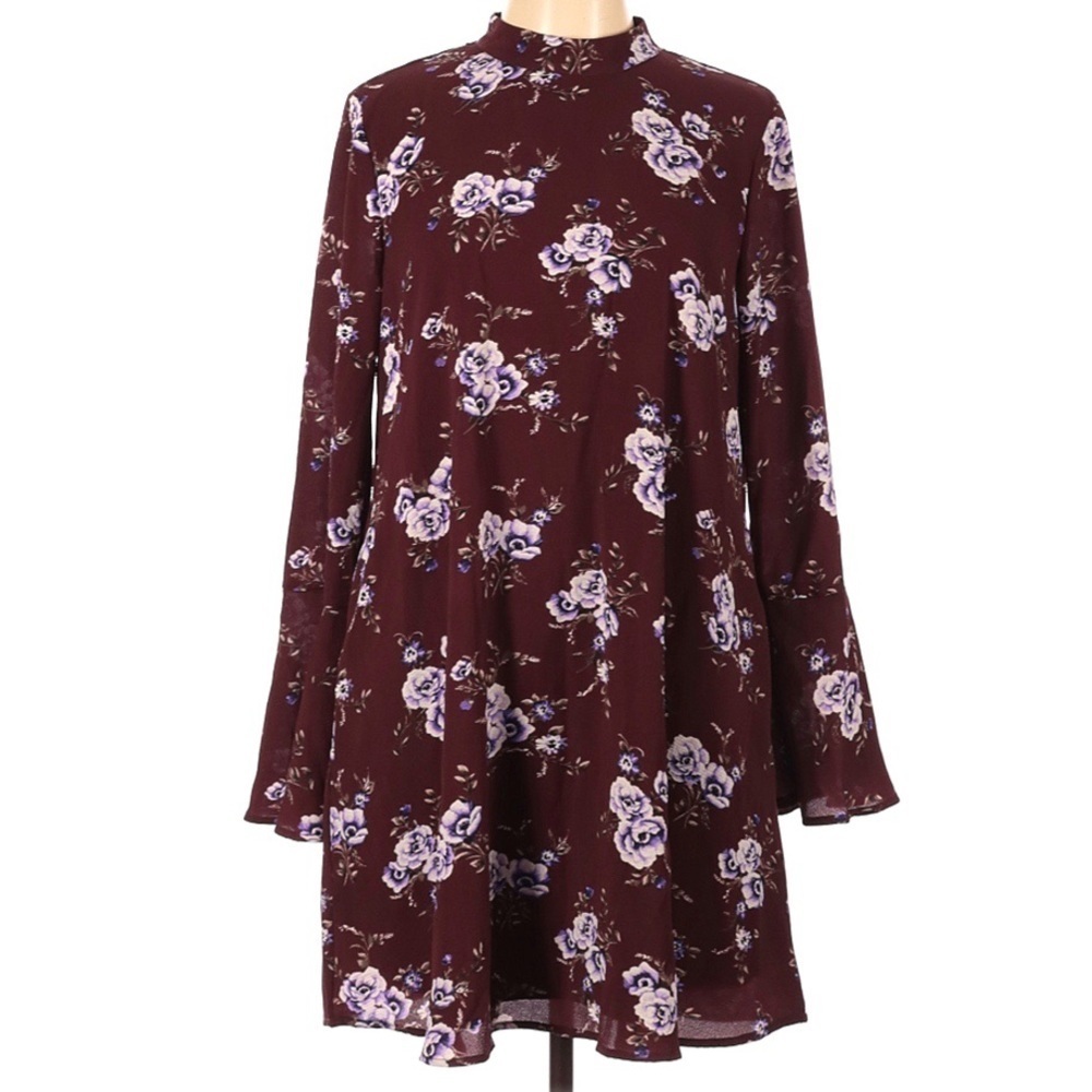 Andrée by Unit Burgundy Floral Mock Neck Swing Dress Boho Romantic Cottagecore L